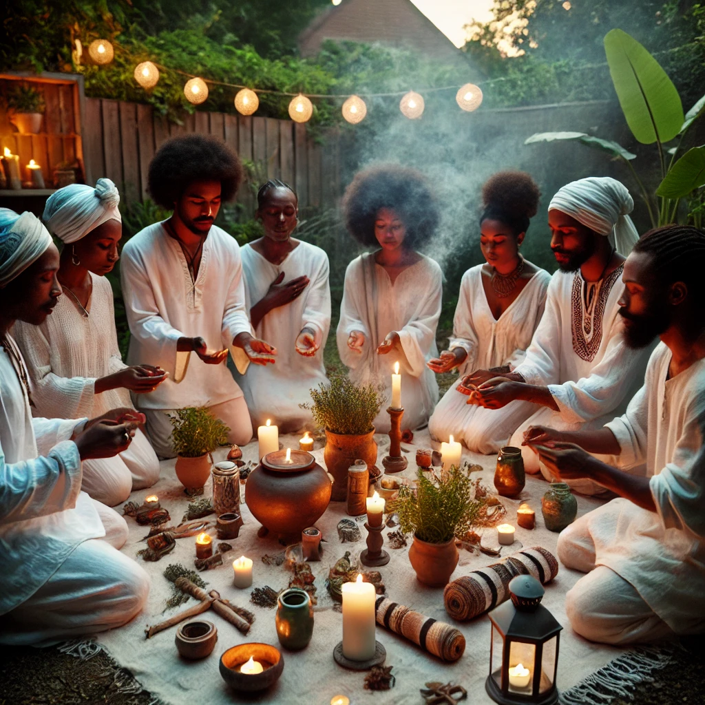 DALL·E 2025-10-12 13.12.20 – A modern-day group of African American people practicing Hoodoo together in a backyard or garden at twilight. They are dressed in white clothing, with